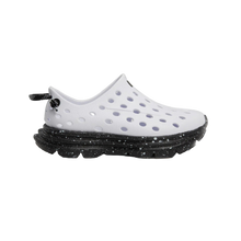 Load image into Gallery viewer, White clog shoe with black speckled sole on a white background
